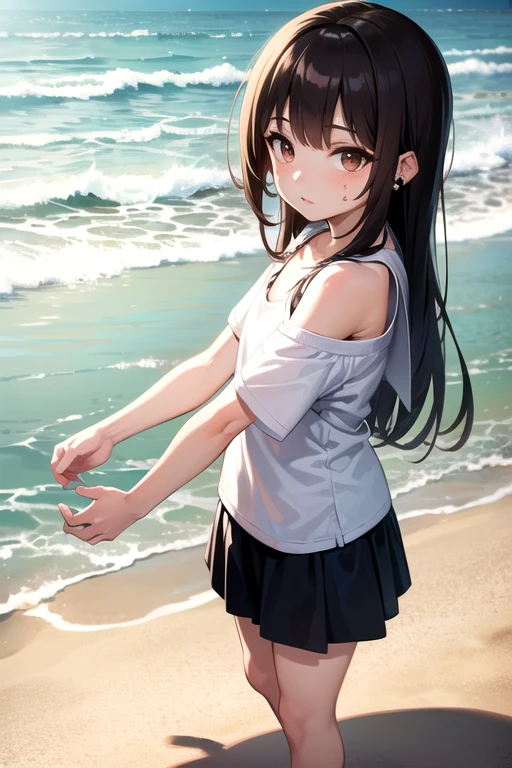 high quality, 4K, beach, schoolgirl, glad, standing, looking at viewer, semi long, brown hair, brown eyes, big eyes, fair skin, petite, slender, shorts, drop shoulder tee, piercing, beauty mark, adult, japanese, full body shot, low angle shot