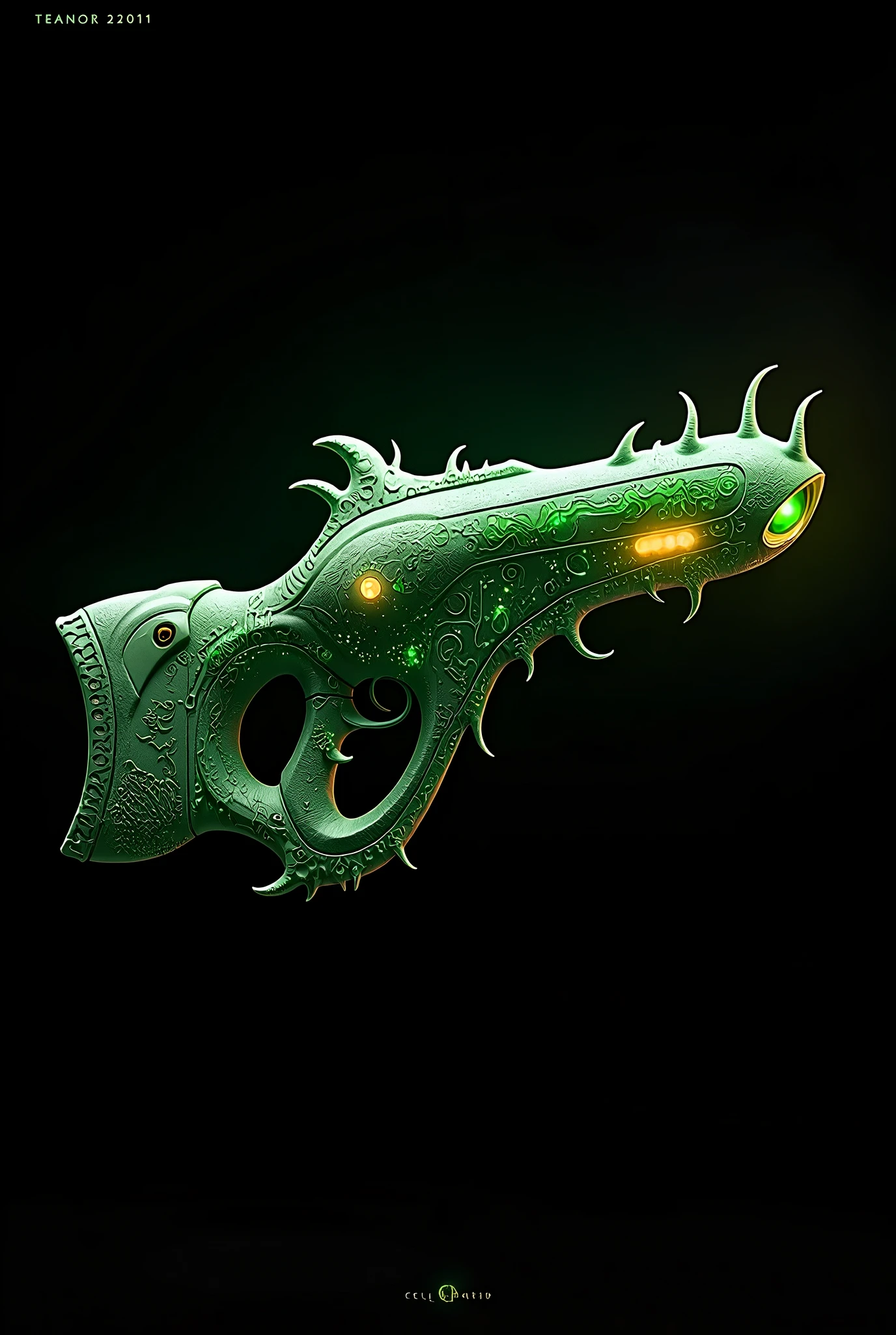 Create an image of an alien long-range firearm in green with a black background so that you can see the entire weapon
