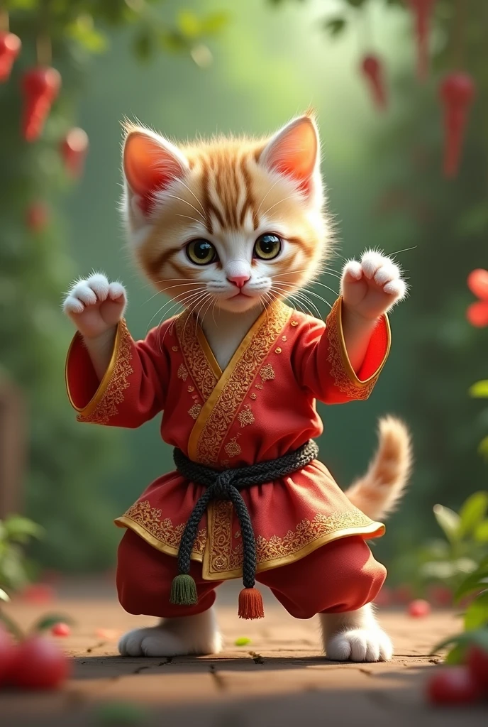 (photorealism:1.2), a kitten performing tradisional Melayu martials art wearing a traditional Melayu tradisional clothes MELAYU LAH COKKKK

