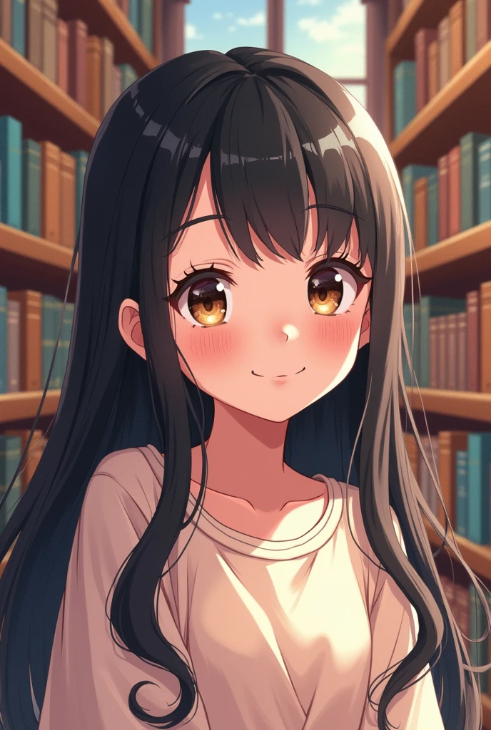 An image of a girl with a beautiful smile and long black hair in a library in anime version