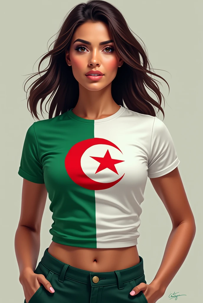 1. A woman proudly displays the Algerian flag on her shirt, showcasing her cultural pride and identity.