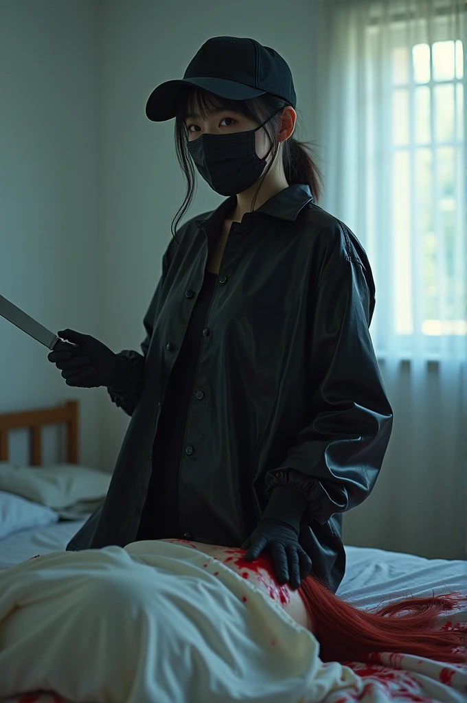 korean girl, (behind stiff, holding knife), stabbing, black surgical mask, black gloves, white room, black raincoat, black wet suit, trucker hat, holding knife, black gloves, woman on top, behind cadaver, blood splatter, on the bed, looking at viewer, mass murderer, killer, low ponytail, blood splatter, atmospheric realistic, light from the window,