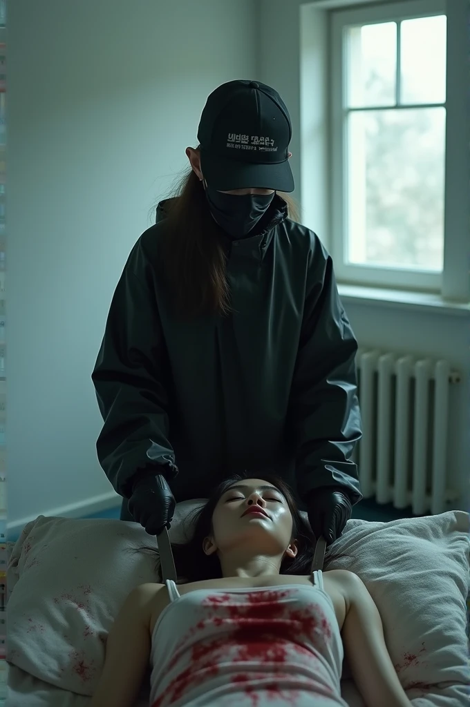 korean girl, (behind stiff, holding knife), stabbing, black surgical mask, black gloves, white room, black raincoat, black wet suit, trucker hat, holding knife, black gloves, woman on top, behind cadaver, blood splatter, on the bed, looking at viewer, mass murderer, killer, low ponytail, blood splatter, atmospheric realistic, light from the window,
