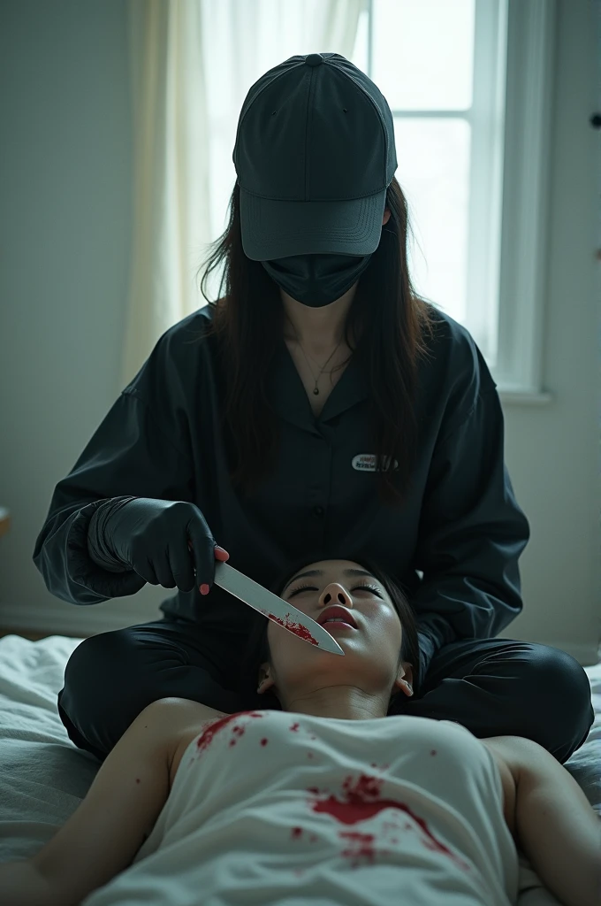 korean girl, (behind stiff, holding knife), stabbing, black surgical mask, black gloves, white room, black raincoat, black wet suit, trucker hat, holding knife, black gloves, woman on top, behind cadaver, blood splatter, on the bed, looking at viewer, mass murderer, killer, low ponytail, blood splatter, atmospheric realistic, light from the window,