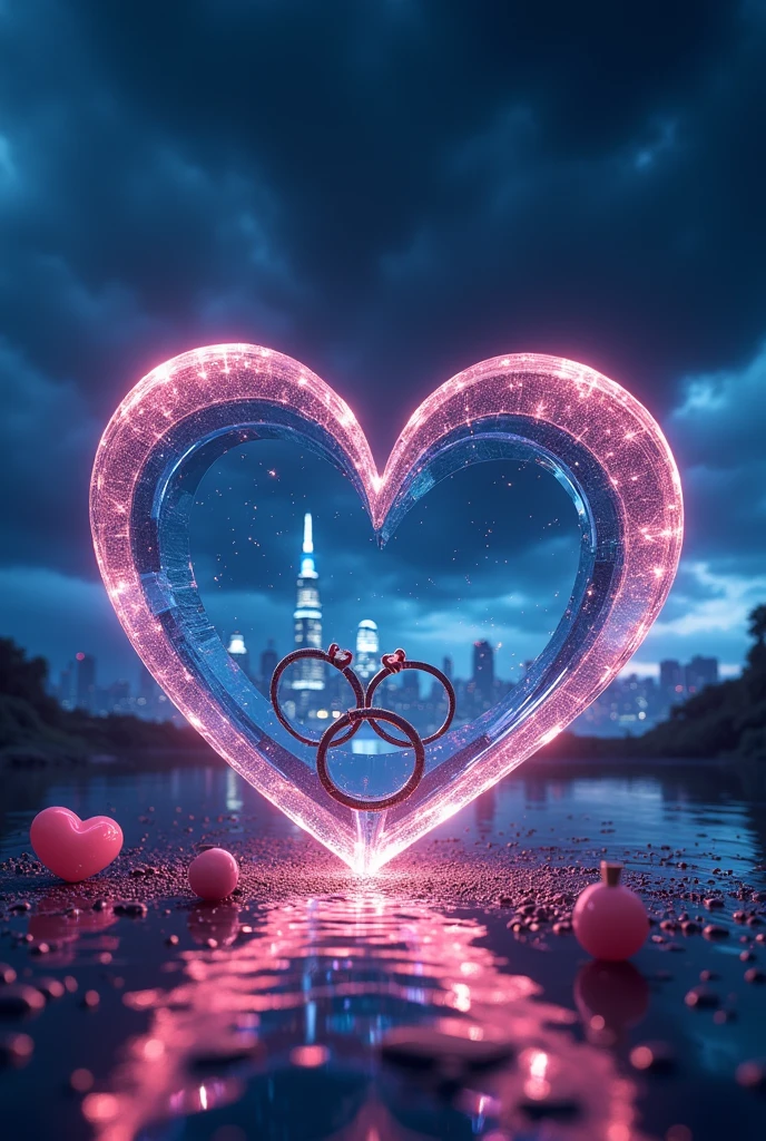 Rain landscape、Distinct and Real City、The city in the background is clearly visible、A fantasy scene with blue and black as the main colors、Pink Heart、Cartier gold ring、Realistic cloudy sky、Angled three-dimensional glass open heart、Neon color、There are two engagement rings inside the glass heart、One ring is placed to the side and the other is held at an angle.、Fantasy、romantic、high resolution、Wide angle、distinct、Real、vivid、beautiful、masterpiece、panorama、extensive、Light and shadow details、The water is clear and shiny、The water faithfully reflects the scenery、ズームアウト✕3倍、