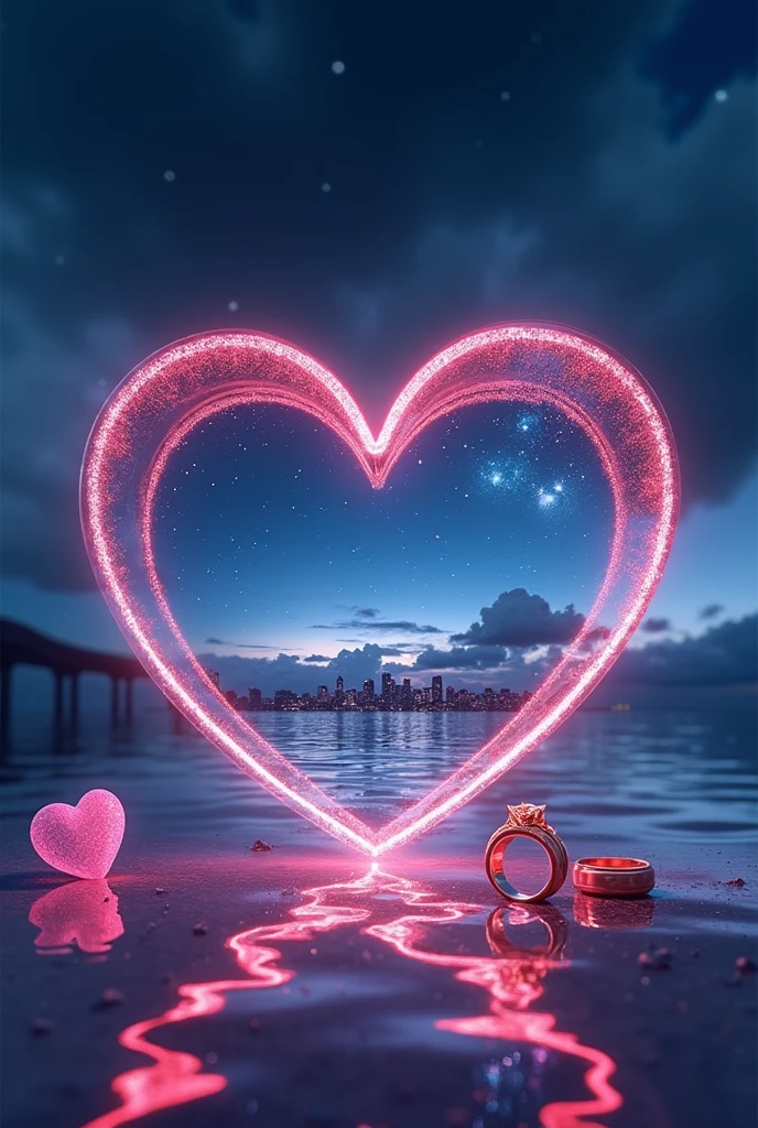Rain landscape、Distinct and Real City、The city in the background is clearly visible、A fantasy scene with blue and black as the main colors、Pink Heart、Cartier gold ring、Realistic cloudy sky、Angled three-dimensional glass open heart、Neon color、There are two engagement rings inside the glass heart、One ring is placed to the side and the other is held at an angle.、Fantasy、romantic、high resolution、Wide angle、distinct、Real、vivid、beautiful、masterpiece、panorama、extensive、Light and shadow details、The water is clear and shiny、The water faithfully reflects the scenery、ズームアウト✕3倍、