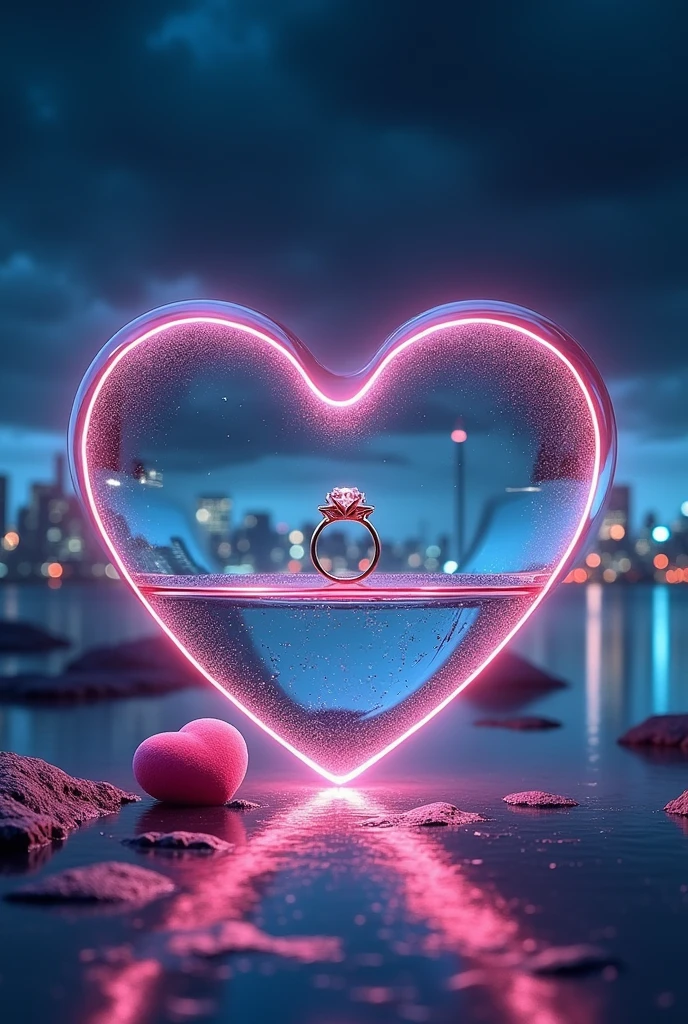 Rain landscape、Distinct and Real City、The city in the background is clearly visible、A fantasy scene with blue and black as the main colors、Pink Heart、Cartier gold ring、Realistic cloudy sky、Angled three-dimensional glass open heart、Neon color、There are two engagement rings inside the glass heart、One ring is placed to the side and the other is held at an angle.、Fantasy、romantic、high resolution、Wide angle、distinct、Real、vivid、beautiful、masterpiece、panorama、extensive、Light and shadow details、The water is clear and shiny、The water faithfully reflects the scenery、ズームアウト✕3倍、