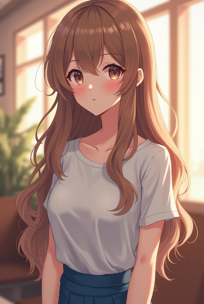 Anime image of an 1 girl, perfect face, Masterpiece, good, white shirt, Long curly light brown hair, Blue skirt,Cafe