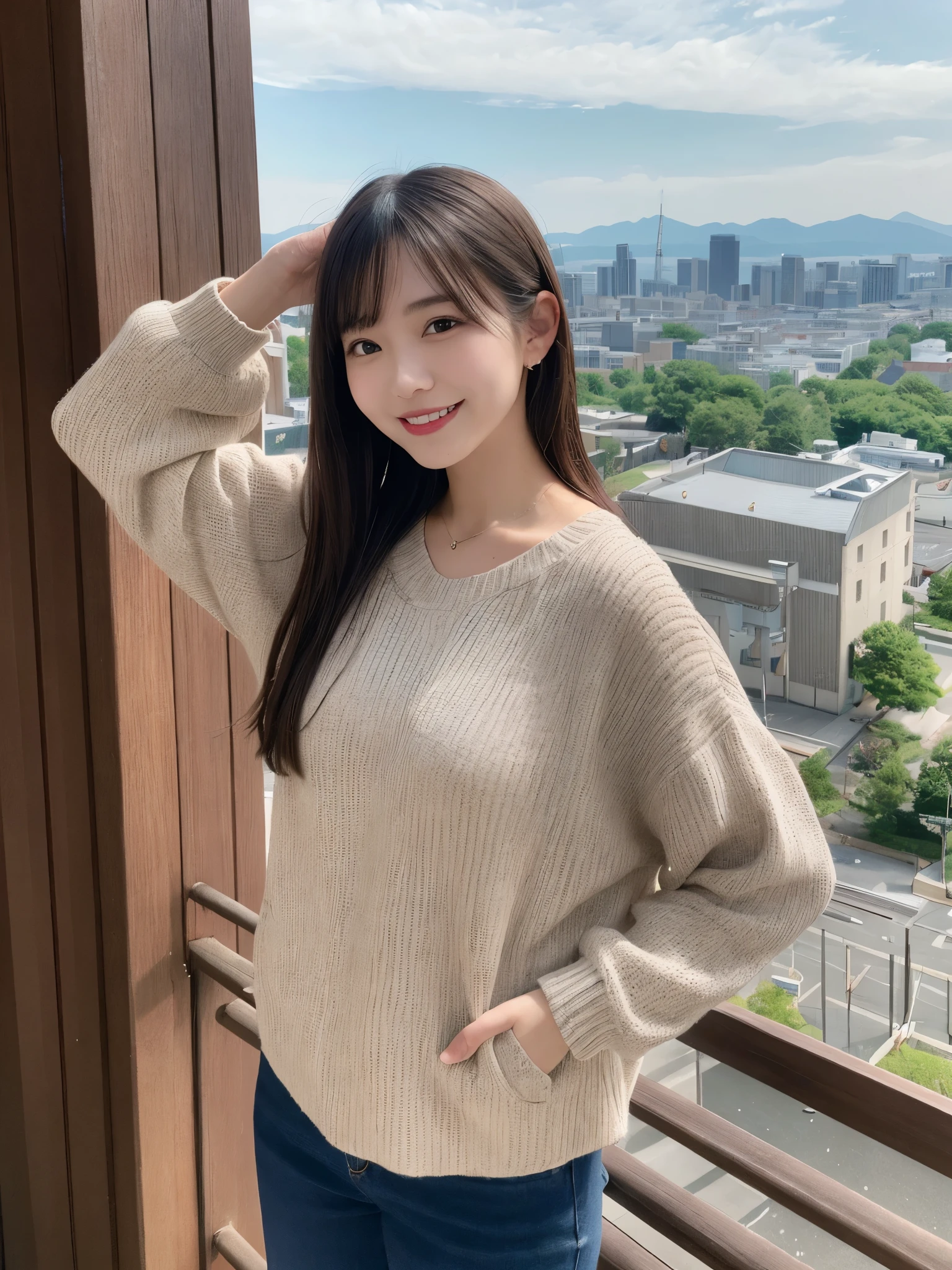 1girl, solo, highres, best_quality, masterpiece, detailed_background, intricate_details, beautiful, sendai, aoba_castle, nature_view, cityscape, fashionable, modern_casual_clothes, smile, looking_at_viewer, dynamic_pose, natural_pose, candid, happy