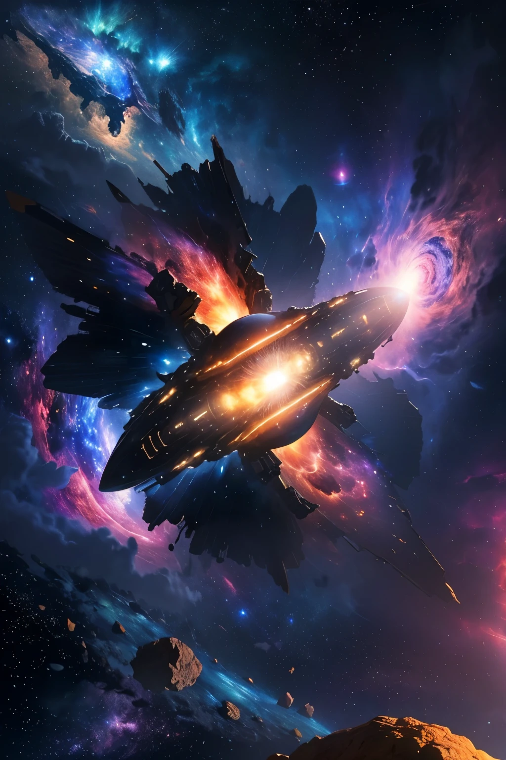 Super spacecraft in the asteroid belt, ultra detalhada, a nebula in the distance