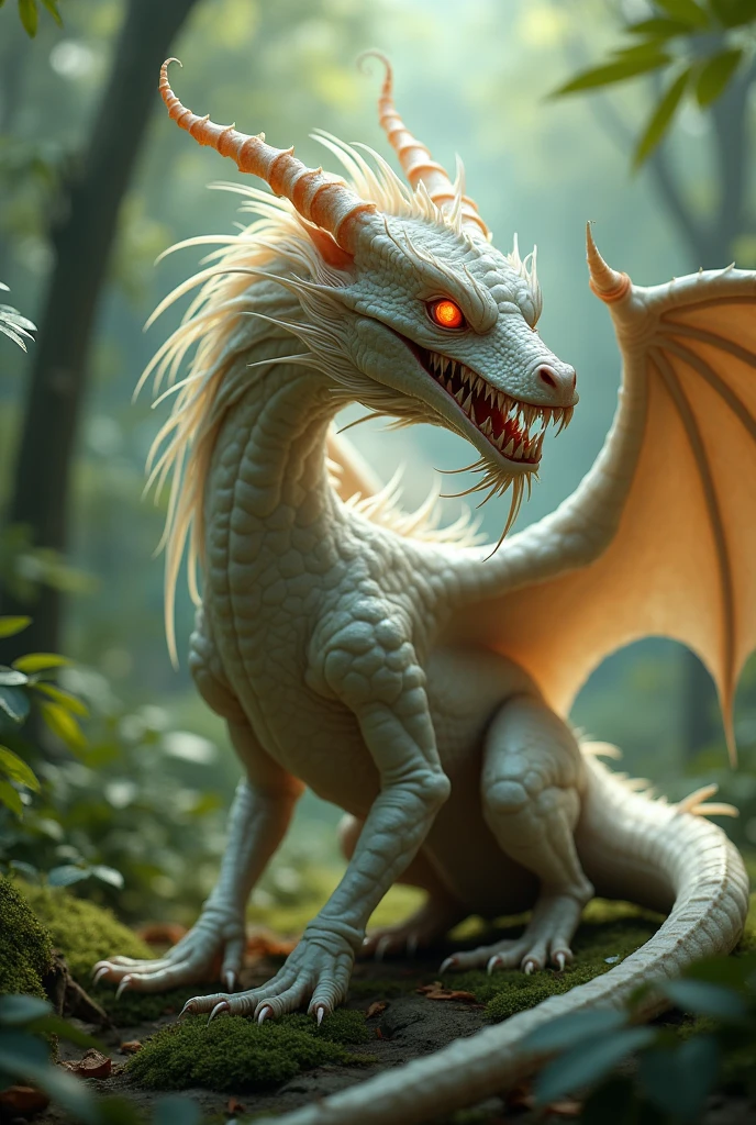Mutated dragon, split upper jaw, albino, red eyes, many teeth, small wings, claws, long hair with spikes, soft lighting, nature