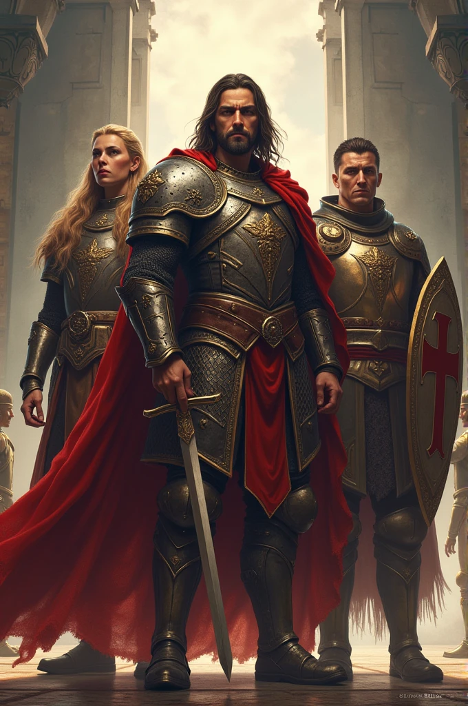 Create an image with three characters, each character represents a characteristic: 1 bravery, 2 honor, 3 loyalty.
