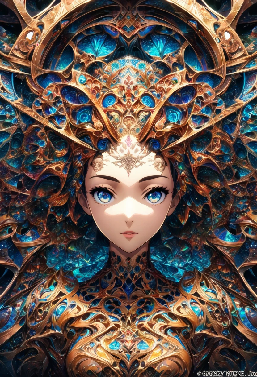 Ink painting, (((1 girl )), (((Tattoo in the middle of the forehead))), (((Oiran))), (((Great hair accessories))), Demon possession, , (((Masterpiece、Top quality للصورة、Highest quality、وحدة Very detailed 8kWall paper))), ((And covered with jewelry, an illustration of a single girl、All body covered))、(((beautiful girl))), (Masterpiece, Top quality, Best quality, Official art, Beautiful and aesthetic:1.2), A girl stood alone in front of an amazing work of art., Her eyes are wide with admiration., (Very detailed), Face up close, (Fractal art:1.3), All body covered بدقة, The intricate patterns and colors of the Fractal artwork surrounded her, Every line and curve is carefully designed..Colorful spirals and geometric shapes blend seamlessly., Resulting in the creation of a stunning piece that captured the essence of abstract beauty.. (Top detailed), Every little detail is meticulously drawn., She invited viewers to explore the depths of art and lose themselves in its complexities..