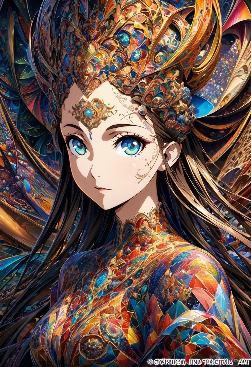 Ink painting, (((1 girl )), (((Tattoo in the middle of the forehead))), (((Oiran))), (((Great hair accessories))), Demon possession, , (((Masterpiece、Top quality للصورة、Highest quality、وحدة Very detailed 8ｋWall paper))), ((And covered with jewelry, an illustration of a single girl、All body covered))、(((beautiful girl))), (Masterpiece, Top quality, Best quality, Official art, Beautiful and aesthetic:1.2), A girl stood alone in front of an amazing work of art., Her eyes are wide with admiration., (Very detailed), Face up close, (Fractal art:1.3), All body covered بدقة, The intricate patterns and colors of the Fractal artwork surrounded her, Every line and curve is carefully designed..Colorful spirals and geometric shapes blend seamlessly., Resulting in the creation of a stunning piece that captured the essence of abstract beauty.. (Top detailed), Every little detail is meticulously drawn., She invited viewers to explore the depths of art and lose themselves in its complexities..