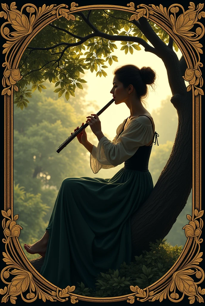 Woman playing the short flute with both hands sitting in a tree, Renaissance style.
Very decorated frame, Mucha Style. Seen as a shadow, logo type.
