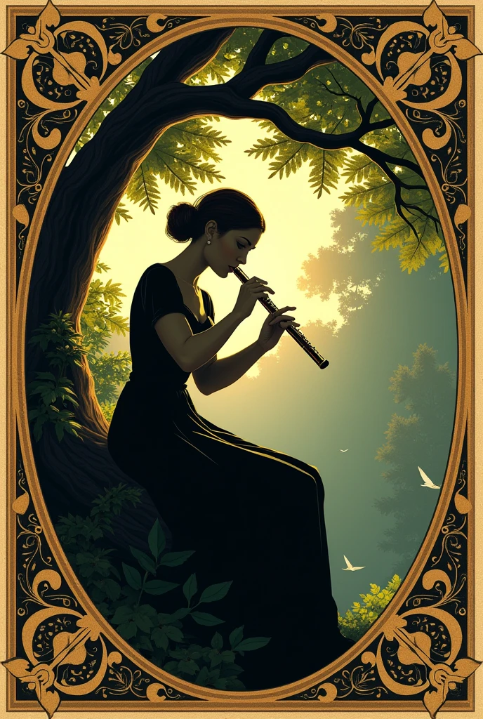 Woman playing the short flute with both hands sitting in a tree, Renaissance style.
Very decorated frame, Mucha Style. Seen as a shadow, logo type.
