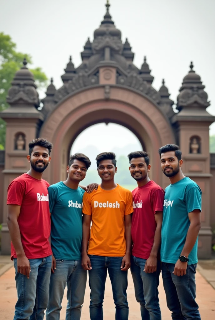 5 friends standing at the gate of Khatu Shyam's rings, one has Rahul written on his chest, second has Shivam written on his chest, third has Akhilesh written on his chest, fourth has Deepak written on his chest and fifth has Sanjay