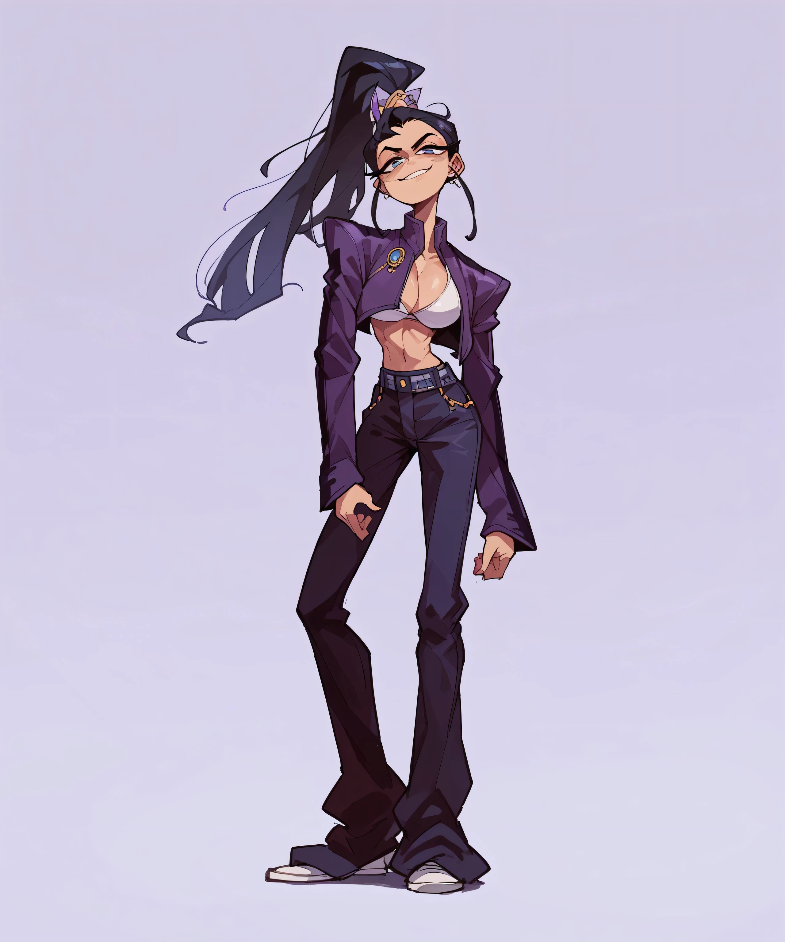 Masterpiece, best quality, Masterpiece, best quality, 1 woman , long black hair , sly face , smirk , white bikini , purple jacket ,  , abdomen 