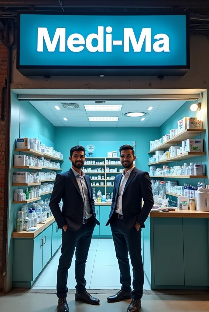 A medical shop which name is medi-ma with two  business man one name is piyush and second name is shubham. Stand like business owner with their name 

