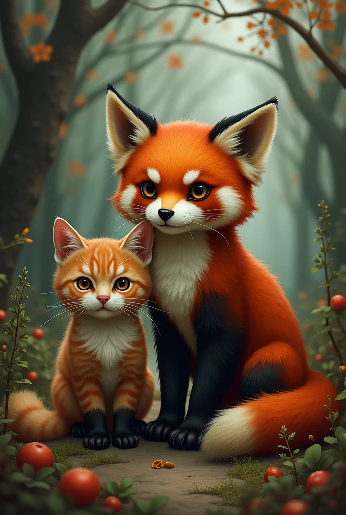 dark red panda fox and brown cat next to each other