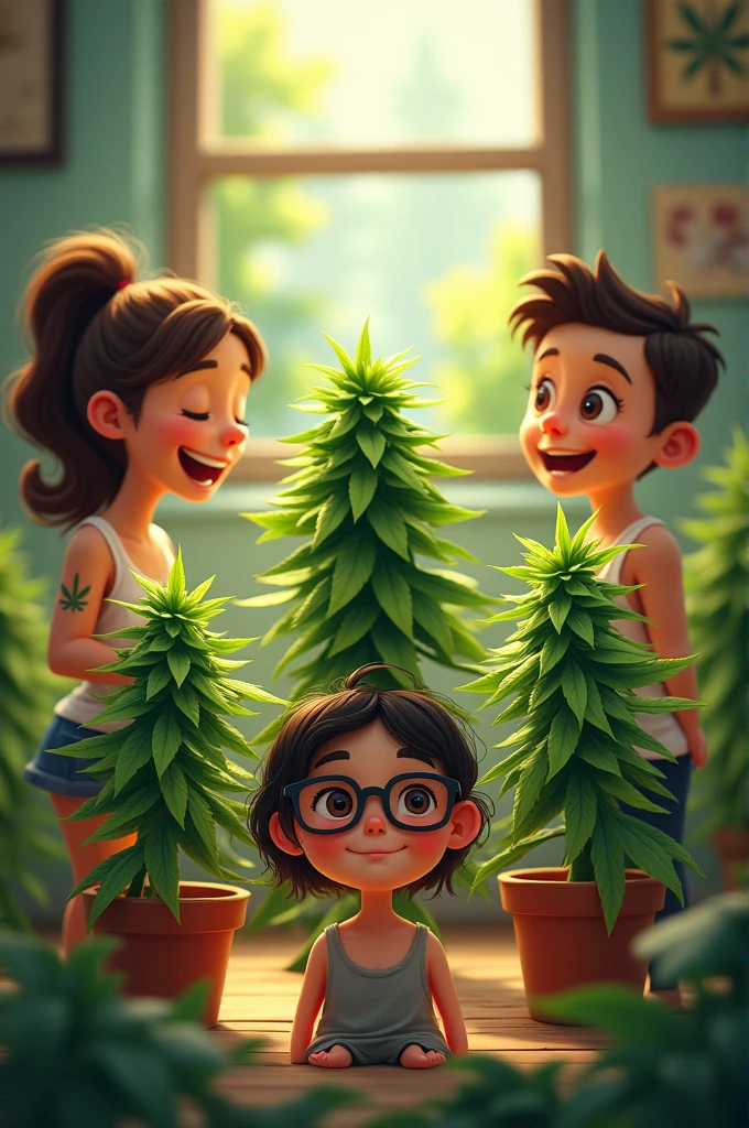 3 friendly marijuana plants,a short girl with glasses,and two high,one of them has a tattoo,They're happy