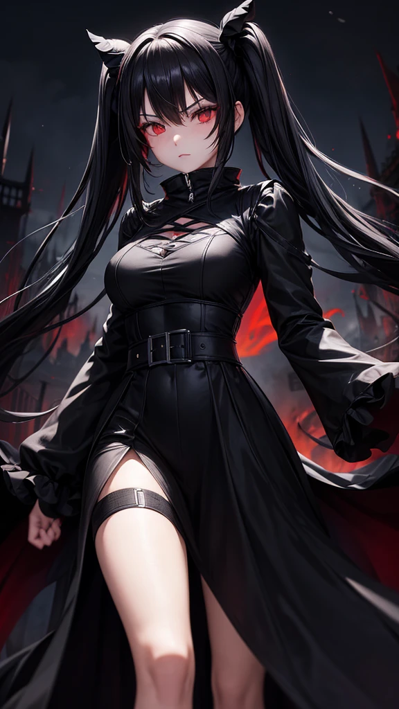 One girl, Red eyes, High-resolution model, Twin tails, Black Hair,night，Black mask on face，An evil look，pitch black long dress，Dark Castle，