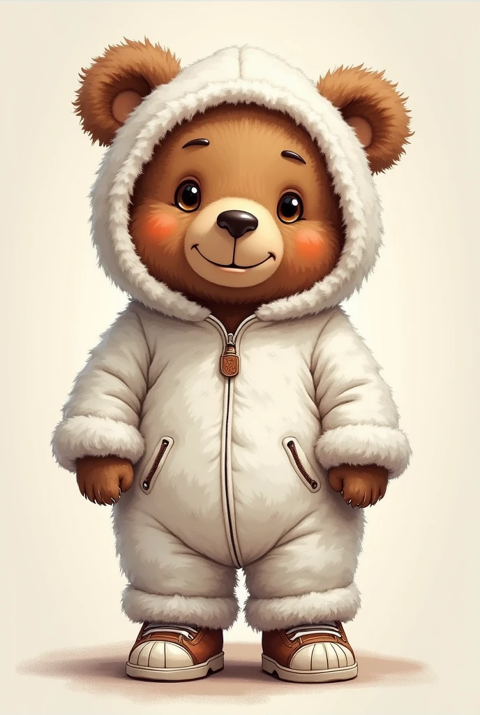 a brown bear wearing a white bear costume, brown and furry bear, white bear costume without hood, cute bear, drawing style, the bear is wearing winter sneakers, high qualiy, work of art, detailed skin texture, detailed costume, studio lighting, realistic lighting, swirly vibrant colors, warm lighting, softfocus, the bear is well and happy