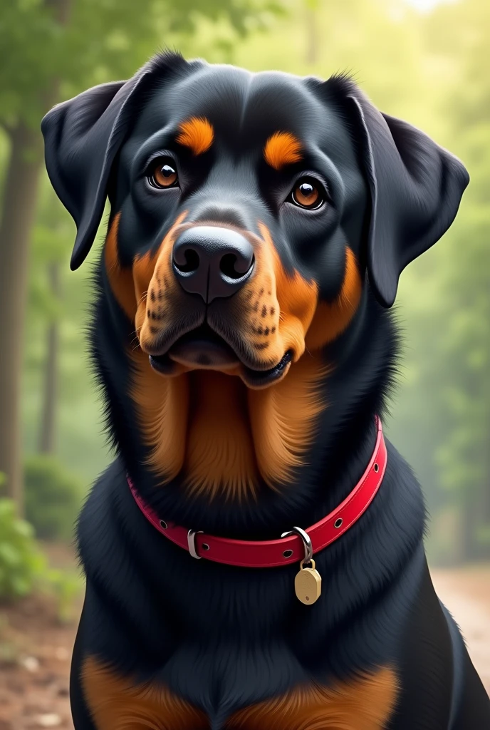 Realistic illustration of a rottweiler dog mixed with a German shepherd, has a red collar, Friendly face, has drooping ears. He has a wide snout.