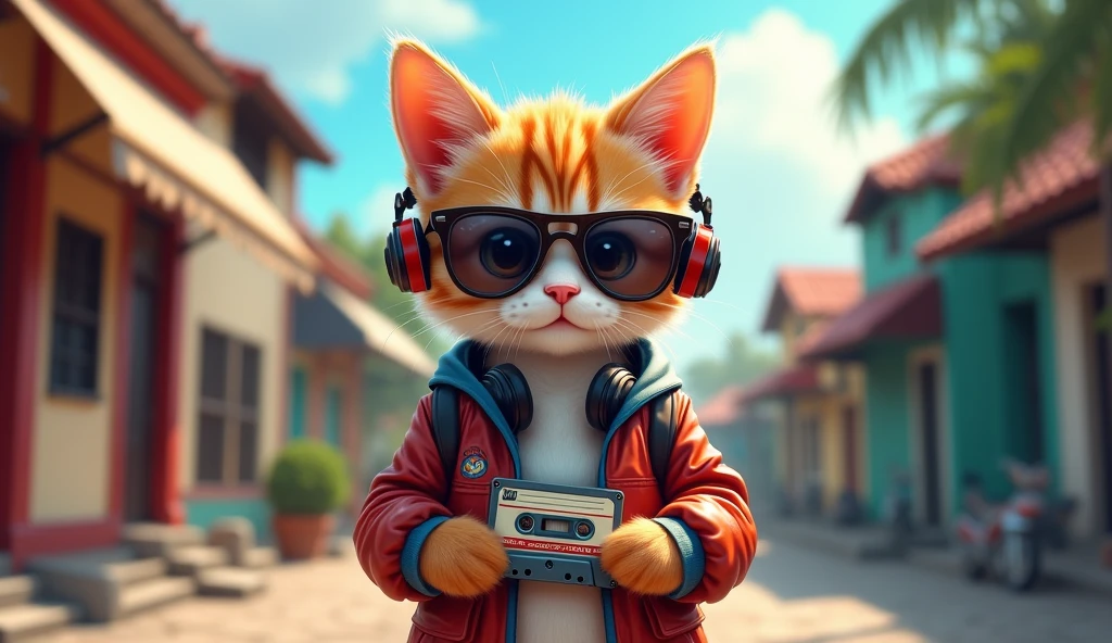 1920x1080 16:9 Perfect Centering, Cute kitten, Wear a school jacket, Wear sunglasses, Wearing headphones and holding a cassette tape, Standing position, Abstract Beauty, Centered, Looking into the camera, To the camera, Near perfect, dynamic, Port Royal, Jamaica「Pirate capital of the Caribbean」In the port city known as、Very detailed, Digital Painting, artステーション, コンセプトart, Smooth, Sharp focus, 8k, High resolution, shape, art:Karn Griffiths and Vadim Kashin, world heritage