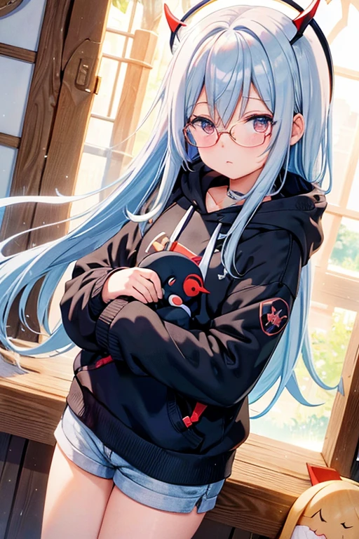 Angelic French doll, Stocky, Brightly colored hoodies, In shorts, Blue Hair ,Disheveled long hair, (anime: 1.2), Wearing glasses, Asymmetrical bangs, masterpiece, Tengu, (Fortuneteller: 0.8), (sleepy: 0.8), Intimate, フレンドリー, 風を受けている, 濡れた髪, anime, ざぁこ♡, 寒い, ハッピー