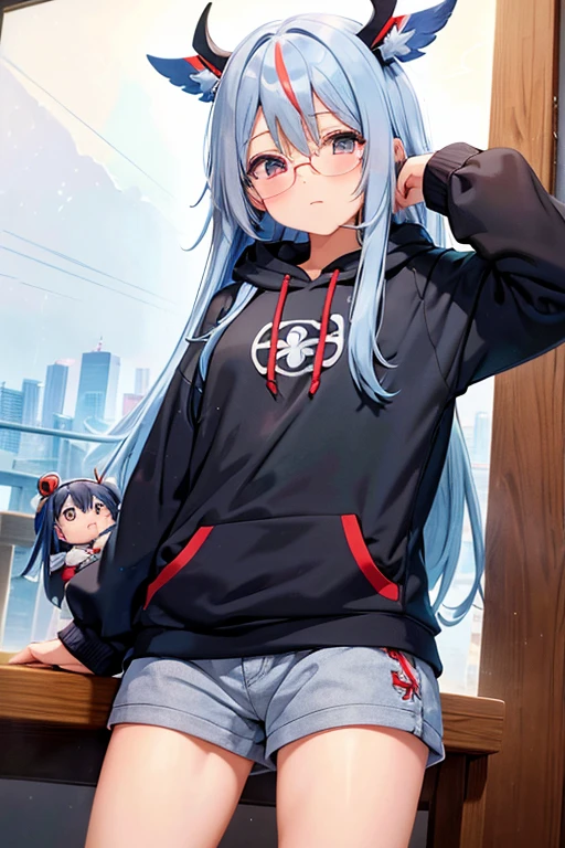 Angelic French doll, Stocky, Brightly colored hoodies, In shorts, Blue Hair ,Disheveled long hair, (anime: 1.2), Wearing glasses, Asymmetrical bangs, masterpiece, Tengu, (Fortuneteller: 0.8), (sleepy: 0.8), Intimate, フレンドリー, 風を受けている, 濡れた髪, anime, ざぁこ♡, 寒い, ハッピー