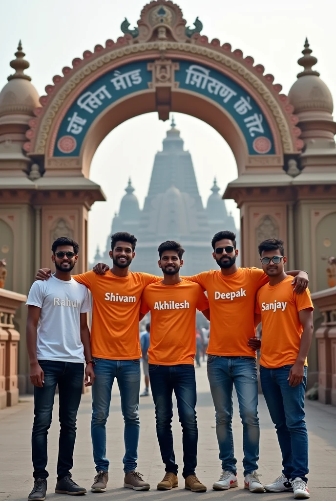 5 friends standing at the gate of Khatu Shyam's rings, one has Rahul written on his chest, second has Shivam written on his chest, third has Akhilesh written on his chest, fourth has Deepak written on his chest and fifth has Sanjay