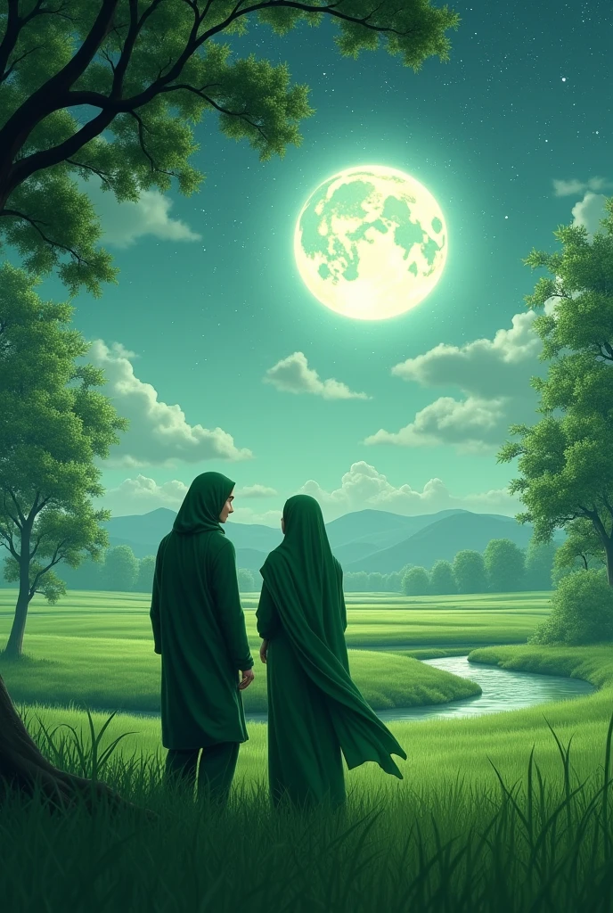 Massive green field , flowing river of fresh water, full moon on the sky, mapple trees on the river side, couple are in green hijab are gossiping in heaven