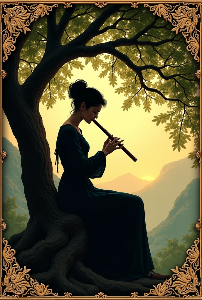 Woman playing the short flute with both hands sitting in a tree, Renaissance style.
Very decorated frame, Mucha Style. Seen as a shadow, logo type.
