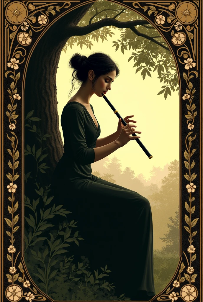 Woman playing the short flute with both hands sitting in a tree, Renaissance style.
Very decorated frame, Mucha Style. Seen as a shadow, logo type.
