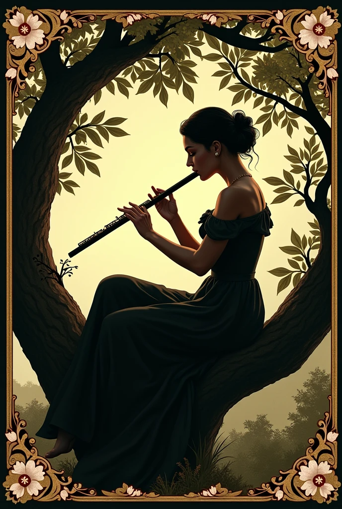 Woman playing the short flute with both hands sitting in a tree, Renaissance style.
Very decorated frame, Mucha Style. Seen as a shadow, logo type.