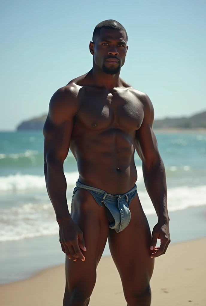 a dark man, brawny, naked on the beach showing his erect penis