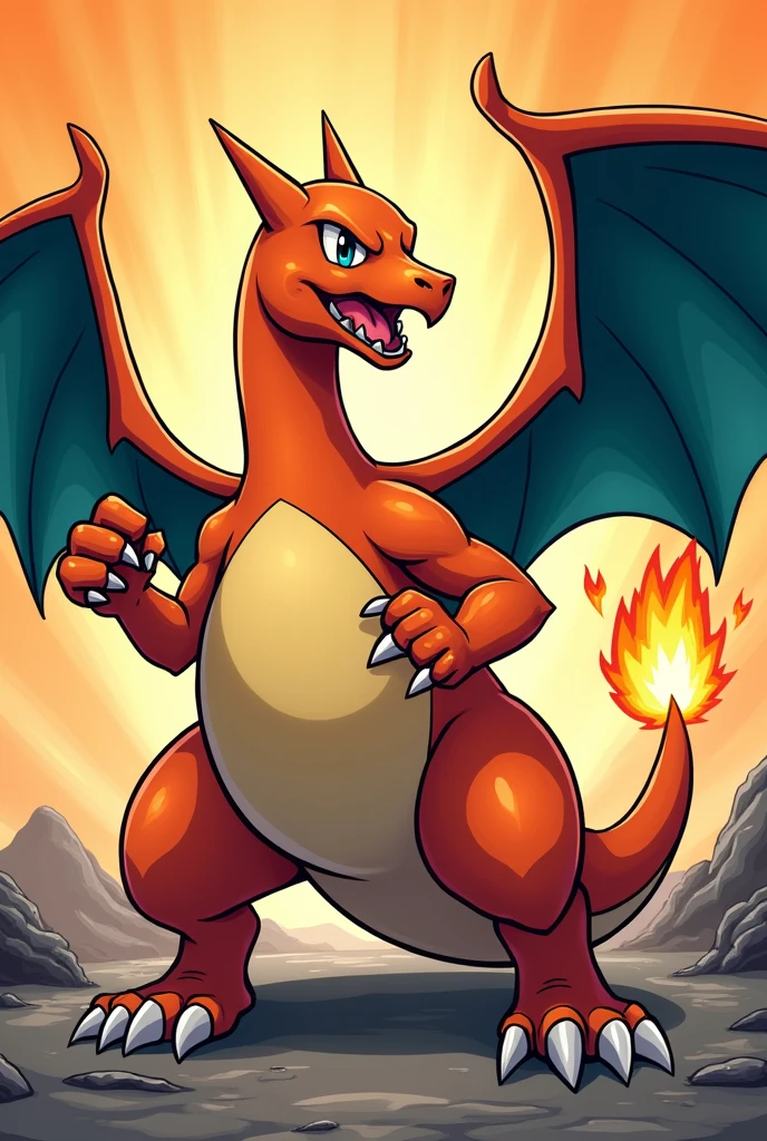 Stylized cartoon depiction of Charizard. Dynamic pose that radiates energy and personality, showcasing their unique heroic demeanor. Hyperdetailed with sharp lines and bold shading, set against an epic yet simple background. Ideal for creating eye-catching social media reels, the scene exudes a playful yet powerful atmosphere, highlighting the timeless appeal of the comic world.