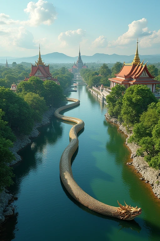 The image depicts an aerial view of a serene river scene. A large, serpent-like figure resembling a mythical Naga serpent is seen emerging from the water, its long body winding and curving through the river. The serpent appears to be intricately designed, with scales that shimmer under the sunlight. On the riverbank, there are several traditional Thai temples with distinctive red and gold roofs, surrounded by lush green trees. The sky above is mostly clear with a few scattered clouds, adding to the calm and peaceful atmosphere of the scene. This combination of natural beauty and mythical elements creates a mystical and captivating visual.