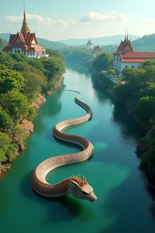The image depicts an aerial view of a serene river scene. A large, serpent-like figure resembling a mythical Naga serpent is seen emerging from the water, its long body winding and curving through the river. The serpent appears to be intricately designed, with scales that shimmer under the sunlight. On the riverbank, there are several traditional Thai temples with distinctive red and gold roofs, surrounded by lush green trees. The sky above is mostly clear with a few scattered clouds, adding to the calm and peaceful atmosphere of the scene. This combination of natural beauty and mythical elements creates a mystical and captivating visual.
