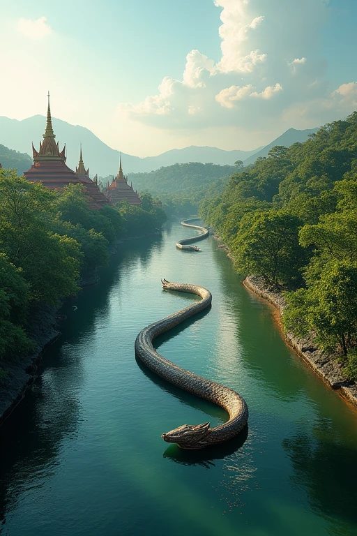 The image depicts an aerial view of a serene river scene. A large, serpent-like figure resembling a mythical Naga serpent is seen emerging from the water, its long body winding and curving through the river. The serpent appears to be intricately designed, with scales that shimmer under the sunlight. On the riverbank, there are several traditional Thai temples with distinctive red and gold roofs, surrounded by lush green trees. The sky above is mostly clear with a few scattered clouds, adding to the calm and peaceful atmosphere of the scene. This combination of natural beauty and mythical elements creates a mystical and captivating visual.