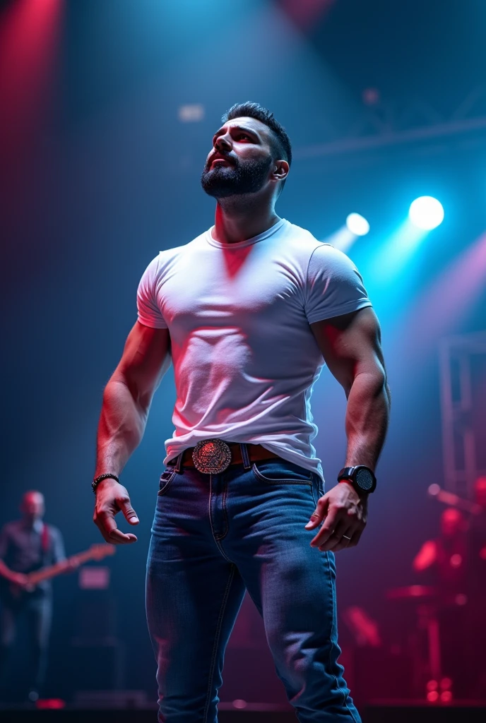 A handsome mature Puerto Rican boy with a beard wearing tight blue jeans and a white printed t-shirt with a tight cowboy belt buckle, looking like a muscular model singing a song on stage having perfect protruding bulge and . and your figure is so stunning..