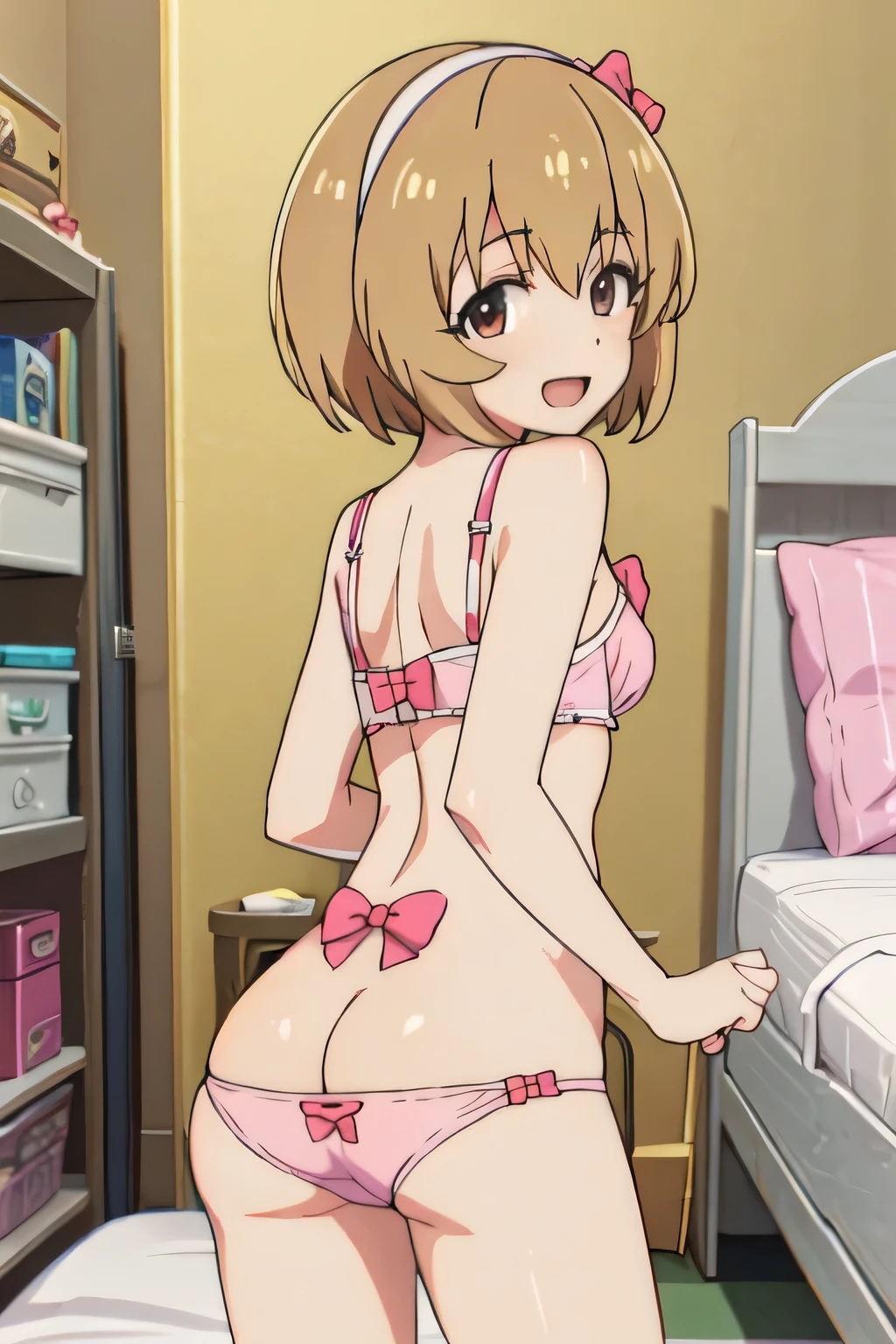 naked ass, girl pulled of her panties, young, short girl, best quality, masterpiece, highres, solo, {koga_koharu_theidolmastercinderellagirlsu149:1.15}, short_hair, brown_eyes, bow, hairband, brown_hair, smile, pink_bow, bangs, blonde_hair, open_mouth, full body, hair_bow, 1girl, hat, looking_at_viewer, yellow_background, ribbon, bowtie, shirt, panties, bra, hands on own ass, ass grab, ass, ass focus, upskirt, detailed ass, 1girl, looking at viewer, standing, v arms, bedroom, upper body, masterpiece, best quality, pussy
