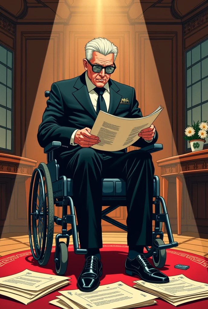 Japanese comic style,Background luxurious office,Overbearing CEO,The face is angular,White short hair,Black suit,Black glasses,Sitting in a wheelchair,Carefully reviewing documents