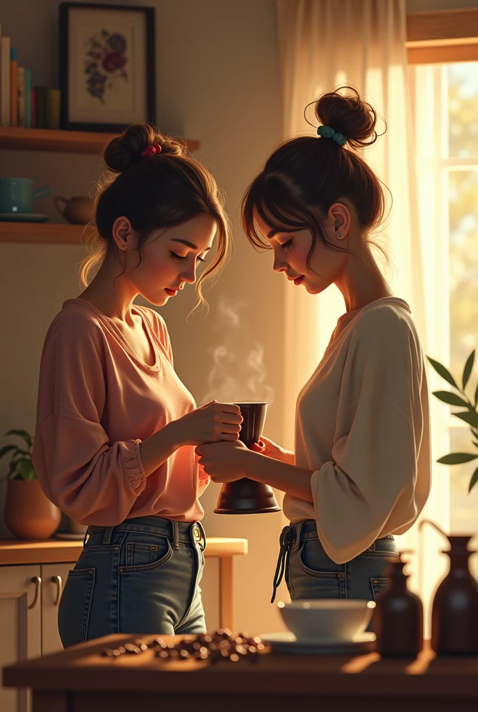 Women spander put on coffee in a room
