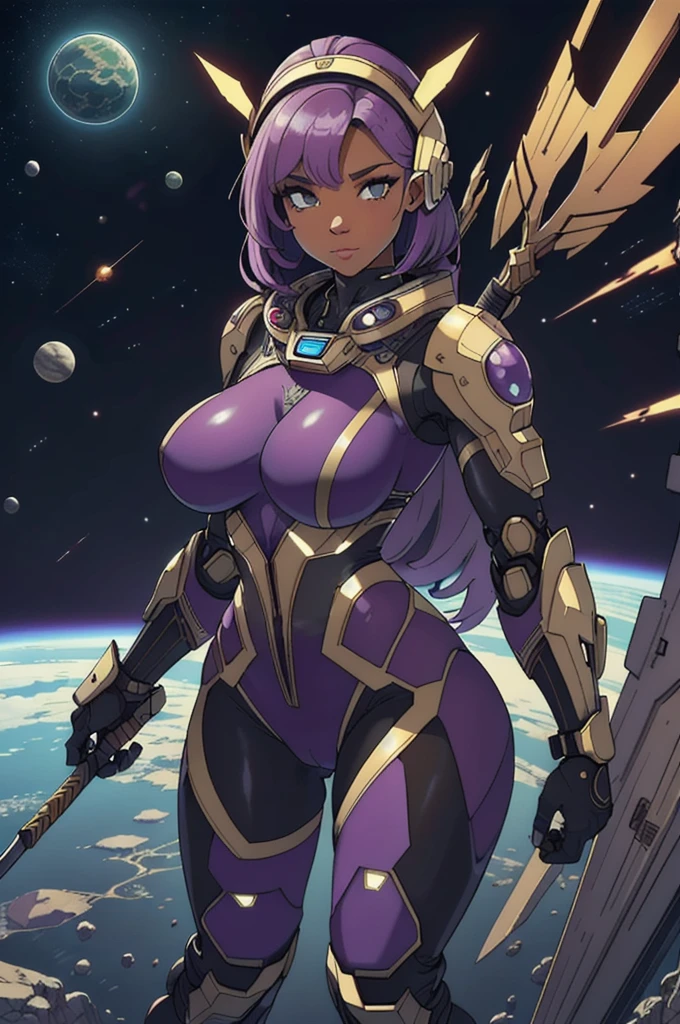 Magnificent image of science fiction with a perfectly beautiful and divine queen masterpiece, top quality, best quality, official art, afro queen warrior very beautifully and gorgeous, super sexy "Athena beauty warrior goddess" and aesthetic:1.2), (1ebony intense super erotic girl in action), (fractal art:1.2), absurder's, high-res, ultra detailed, Ultra-precise depiction, Ultra-detailed depiction, solo, (zentangle:1.2), red eyes, floating purple hair (skinny, thin body: 1.2), tanned skin, shiny skin, with very thin waist, thick and sensual lips, big and very swollen pussy, mouth wide open and very sexy, enormous super extra big ass, enormous super extra big tits, (abstract:1.2),cbpkv5, pantyhose,looking at viewer, full best body, super sensual cyberpunk astronaut robot, complex muscular robot, halo, in a mystery, dangerous and savage planet in a sci-fi very intense combat in space battle, striking carrying and lifting a spear voluptuous and super seductive warrior goddess with classic neo retro cyber Spartan War Helm in a very erotic pose, view from a distance and full body