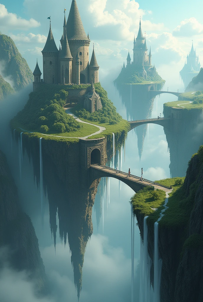 magical floating islands with endless waterfalls connected by medieval bridges