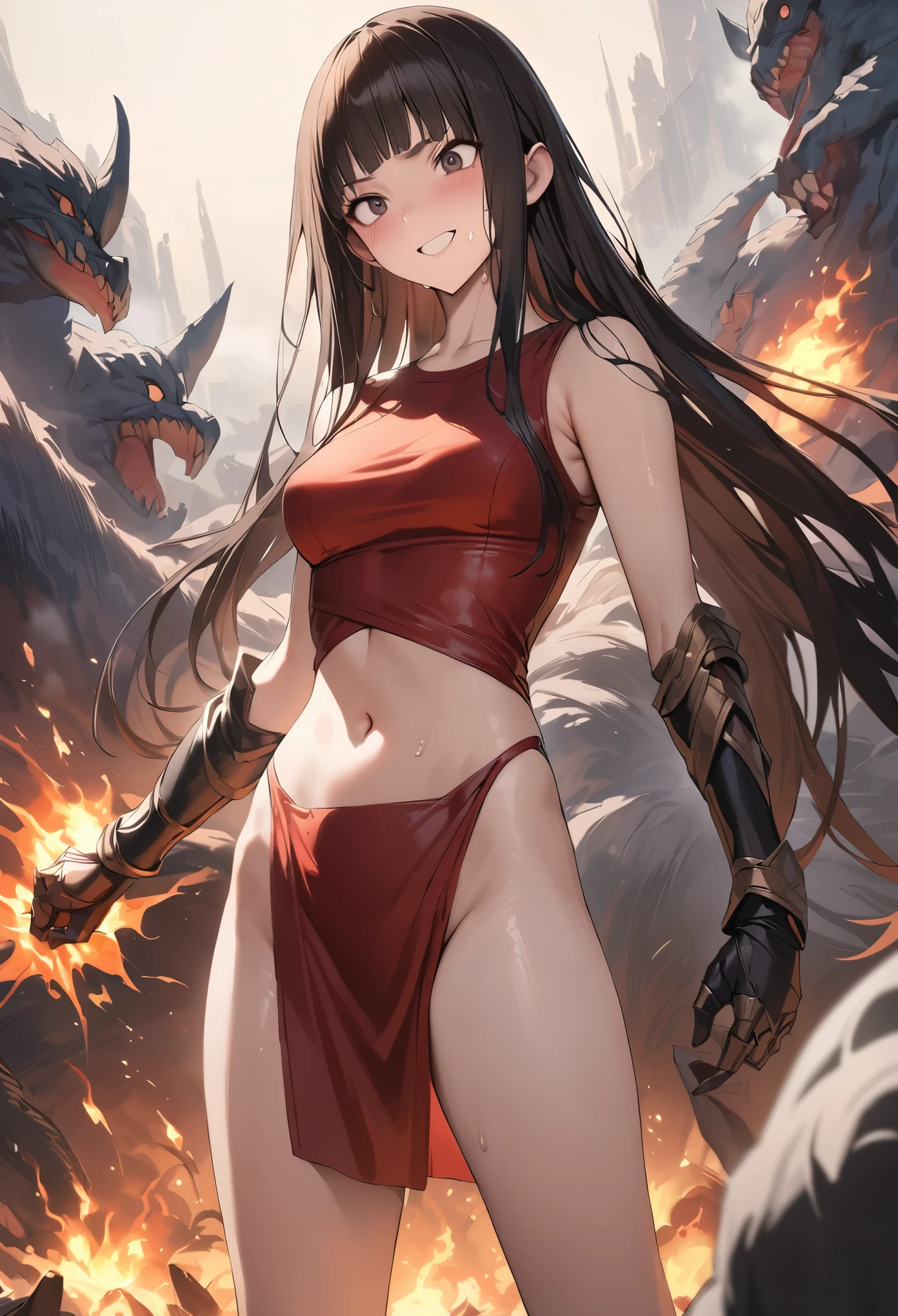 Action Scenes、Woman fighting monsters、((masterpiece,best quality anime,Highest quality:1.3)),realistic,portrait,1woman,(Mature Beauty),((very small head:1.4)),((very long body:1.3)),long hair,black hair,bangs,(gorgeous big eyes),black eyes,smirk,((slender body:1.3,skinny)),medium breasts,(mage dress,Red tube top shirt、navel、red loincloth、Leather Gauntlets),Controlling fire magic、Blazing Flames、sweat,standing,grassland、Many monsters in the background、at night、A world of magic and fantasy、