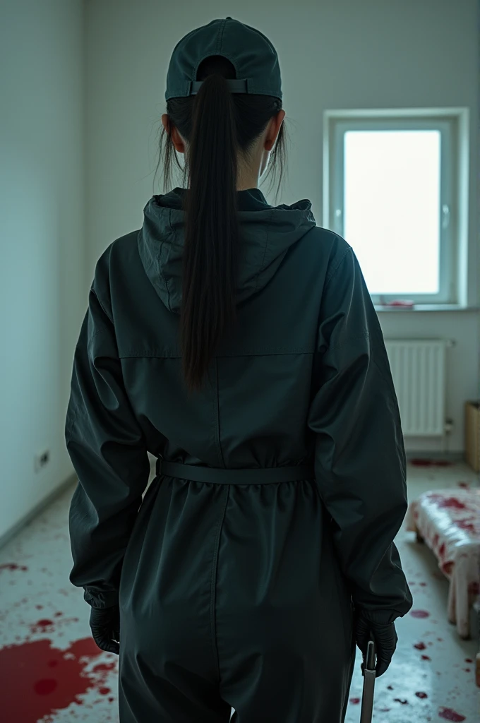 korean girl, (behind stiff, holding knife), stabbing, black surgical mask, black gloves, white room, black raincoat, looking at viewer, black wet suit, trucker hat, holding knife, black gloves, woman on top, behind cadaver, blood splatter, on the bed, looking at viewer, mass murderer, killer, low ponytail, blood splatter, atmospheric realistic, light from the window,