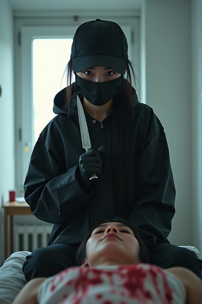 korean girl, (behind stiff, holding knife), stabbing, black surgical mask, black gloves, white room, black raincoat, looking at viewer, black wet suit, trucker hat, holding knife, black gloves, woman on top, behind cadaver, blood splatter, on the bed, looking at viewer, mass murderer, killer, low ponytail, blood splatter, atmospheric realistic, light from the window,
